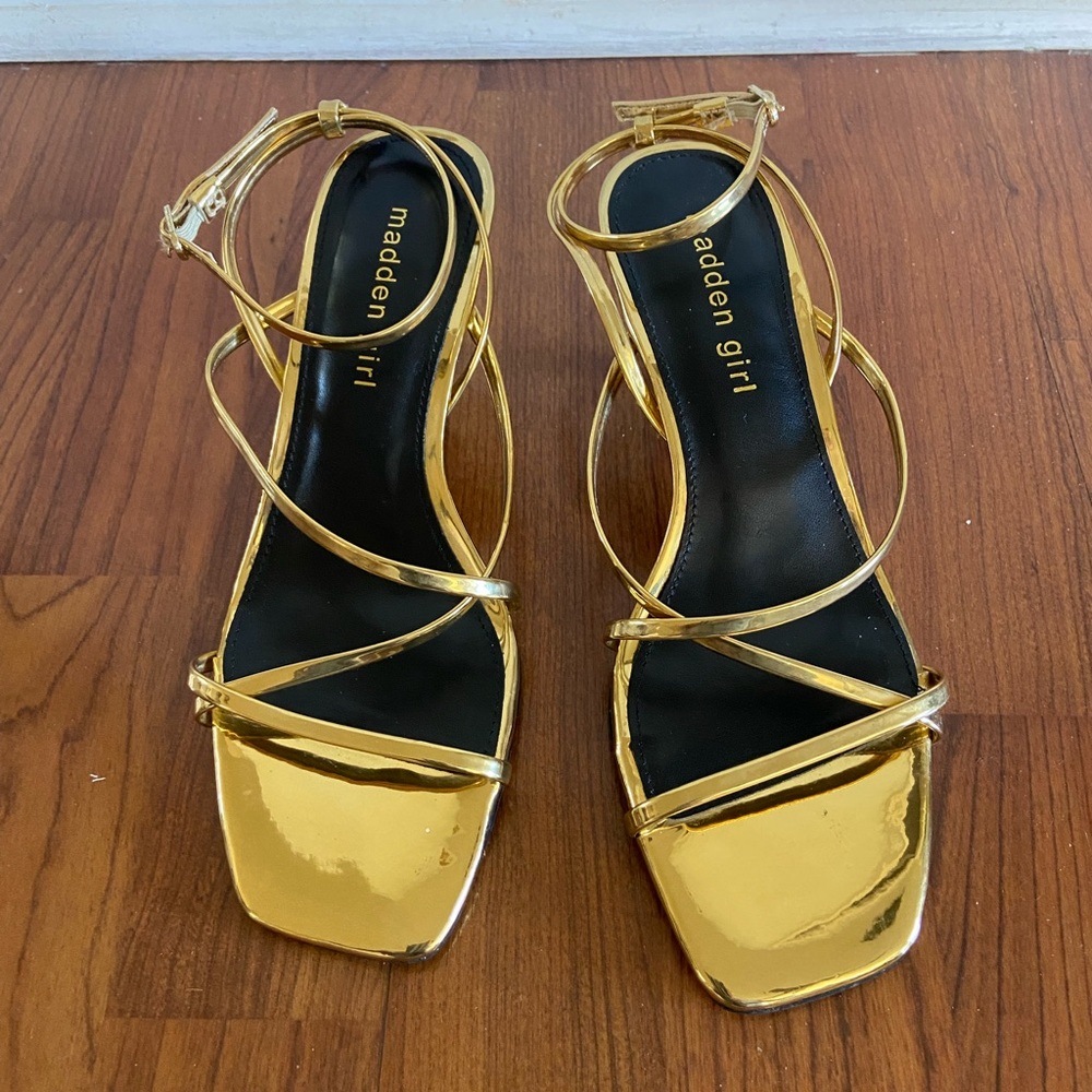 Madden Girl Shiny Gold Strappy Heels